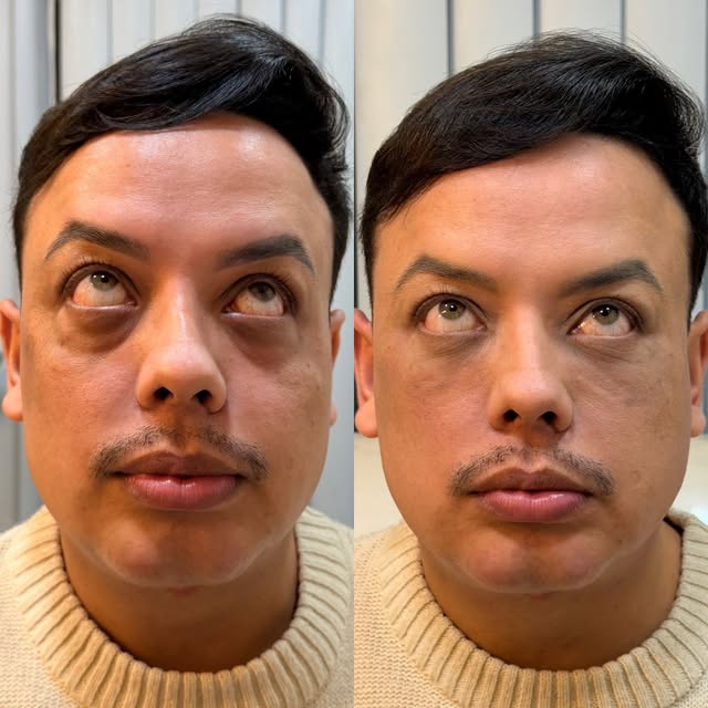 Antes e depois do próprio Dr. Bruno Paz olhando para cima: à esquerda olheiras marcadas, à direita a região mais lisa e descansada.